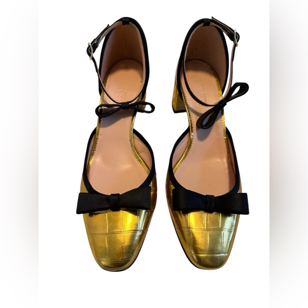 Millie Bow Ankle-Strap Heels in Metallic Croc-Embossed Leather in Gold Size 8.5 - Picture 6 of 13